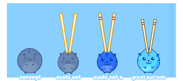 ArtJimp's tweet photo. Check out how Sushi cat has evolved over the last 4 games… Cant believe the first is now over 2 years old! http://t.co/d6HwsROw
