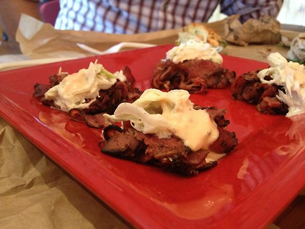 timblivion's tweet image. dessert! Romanian pastrami, slaw, unexpected spice blend. so f'in tasty. thx @deliboard #sublife #battlesando