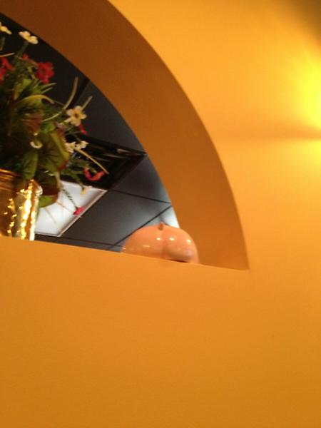So I am sitting in a restaurant & I look up and see this. I sure hope there is a pigs face on the other side. #BBQdecor