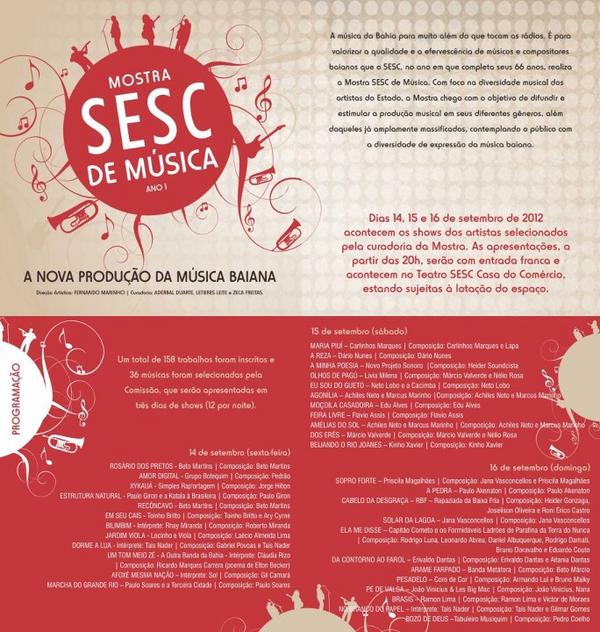 A Mostra SESC de Música está aí! Venha conhecer a nova produção da música feita na Bahia! Às 20h. A entrada é franca.