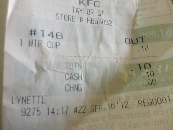 _callme_tae's tweet photo. 10¢ for some fuckin water at kfc http://t.co/1hqcODOm