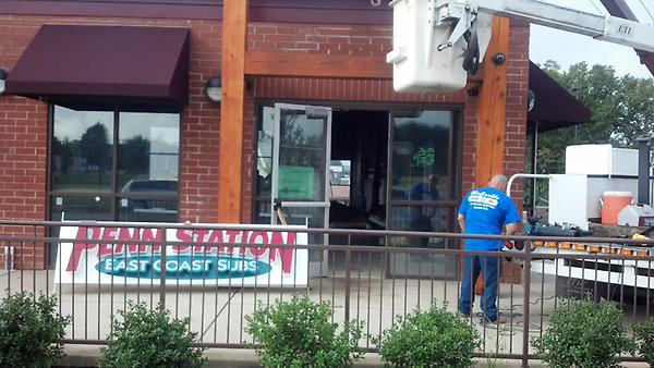PennStationPark's tweet photo. The sign on the new store is going up today!  #Charlotte, we're close to having #PennStationEastCoastSubs in #SouthEnd http://t.co/WtSdOcrV