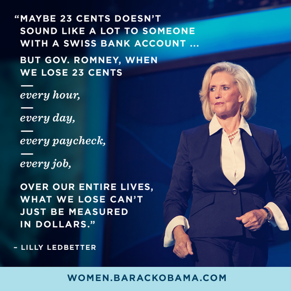 BarackObama's tweet image. Lilly Ledbetter’s message to Mitt Romney at #DNC2012: