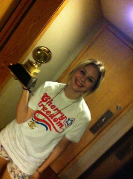Colette Carr holding one of <a href="/RobertOrton/">Robert Orton</a> 's Grammy's after visiting cherrytreedom.com @ColetteCrazy