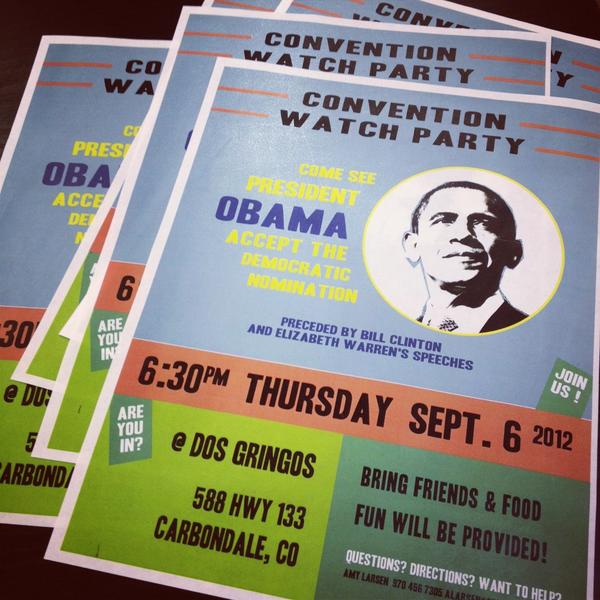 Join @OFA_CO organizer <a href="/amylarsen10/">Amy Larsen</a> &amp; volunteers tonight in Carbondale to watch <a href="/BarackObama/">Barack Obama</a> at the #DNC2012!