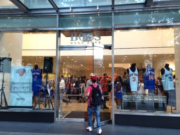 nyknicks's tweet photo. Check out #Knicks uniforms of past &amp; future. Hang w- LJ, Starks &amp; KCD at Hugo Boss Columbus Circle until 8pm http://t.co/5gGgN9qB