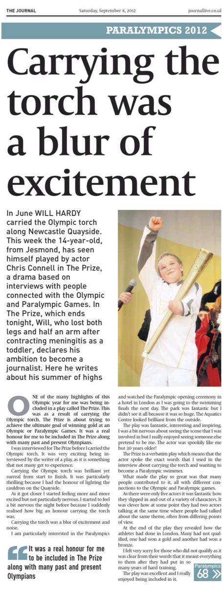 ThePrize2012's tweet photo. Torchbearer &amp; The Prize interviewee Will Hardy's play review + #Olympic &amp; #Paralympic summer in @TheJournalnews http://t.co/3ZuXR5pV