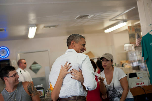 BarackObama's tweet photo. "The only thing the President likes more than a bus tour is a hug."—@jrpsaki: http://t.co/2AOxs3bR
