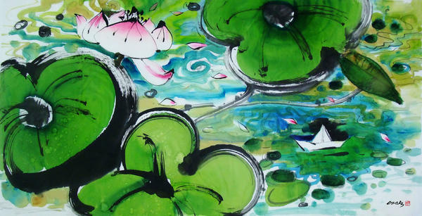 그림은~ 생과 사를 이어가는 사랑을 노래합니다. 꽃잎이 떨어져 시들어 갈지라도 미래를 향한 꿈의 종이배는 항해를 계속합니다.