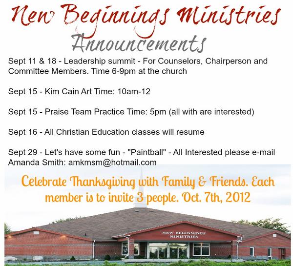 Hey Folks here is the schedule for the reminder of September.