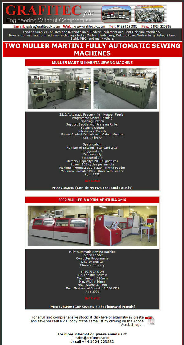 Grafitec_plc's tweet image. Two Muller Martini Sewing Machines Available Immediately