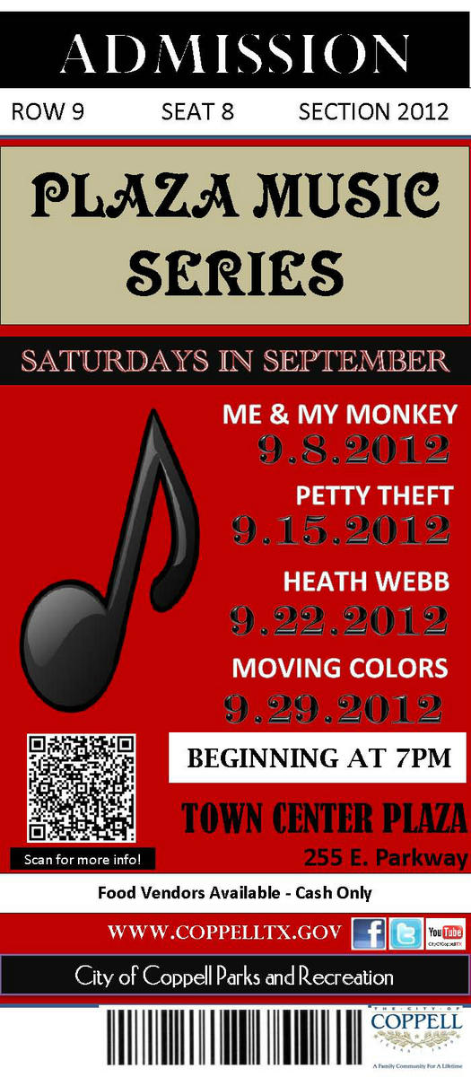 coppelltexas's tweet photo. Free Concert Admission ticket Saturdays 7pm in September Coppell Plaza Music Series 
http://t.co/KEtDwfxF http://t.co/IkYDnk8C