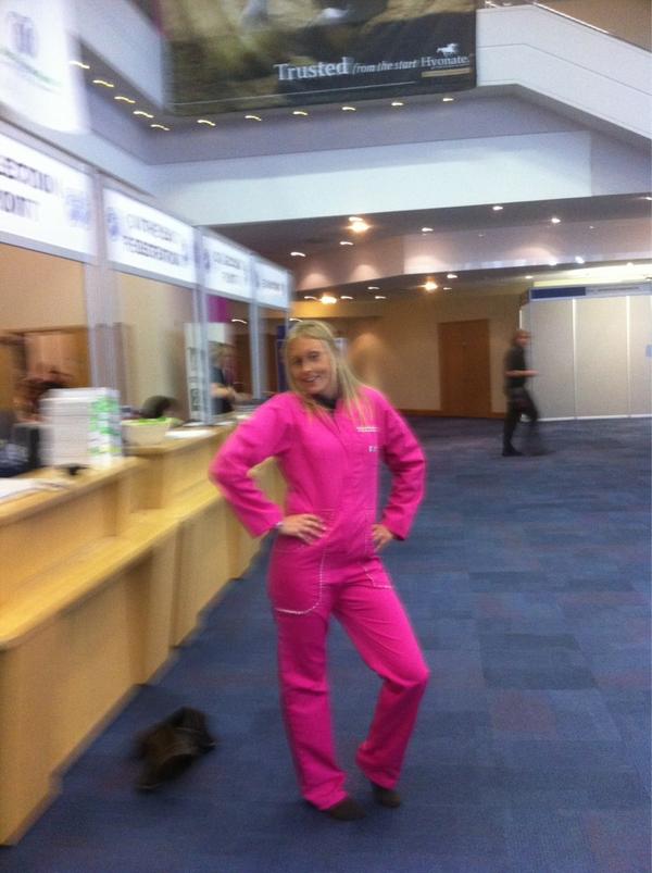 DRMountford's tweet photo. Jocelyn sports pink overalls at #BEVA2012 - a gift from our dutch friends - MXR Podoblock http://t.co/griKXuSC
