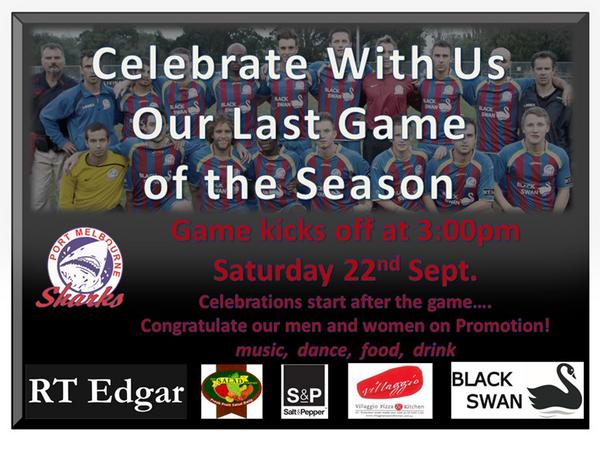 PortMelSharks's tweet photo. "Join us and Celebrate" promotion for both the men and women Port Melbourne SC teams. http://t.co/snU3Pvif