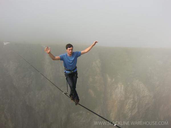 SlackWarehouse's tweet image. The mist rolls in, #slackline in the clouds