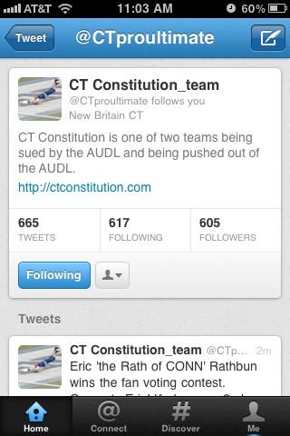 “<a href="/sludgebrown/">Sludge Ultimate</a>: Check out <a href="/CTproultimate/">CT Constitution</a> updated twitter profile. #AUDL ” #WhatNotToDo #WhenYouGetSued