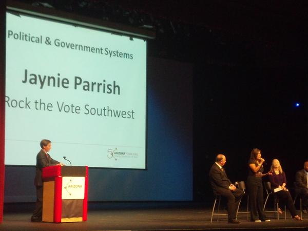 jhelfgot's tweet photo. Jaynie Parrish of Rock the Vote engaging young voters at @AZTownHall Forum on Civic Engagement. #EngagingAZ http://t.co/HinE8IXk