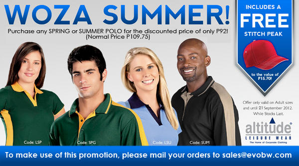 EvolutionaryBW's tweet photo. WOZA SUMMER! Purchase any SPRING/SUMMER POLO for only P92! (Normally P109.75) Plus a FREE Cap to the value of P15.70 http://t.co/S5wJLWuS