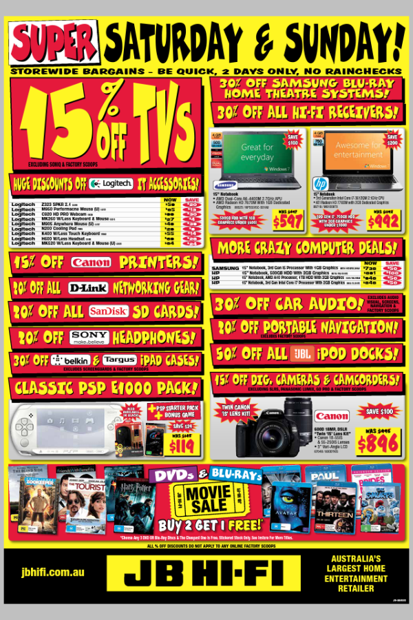 JBHiFi's tweet photo. Super Saturday &amp; Sunday at JB Hi-Fi. Get 15% off TVs (excludes Soniq). Massive storewide savings. http://t.co/0p2dzYJL http://t.co/wwxFZn23