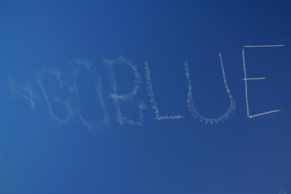 First hashtag in the sky? #GoBlue made an appearance 15K feet in the air tonight: