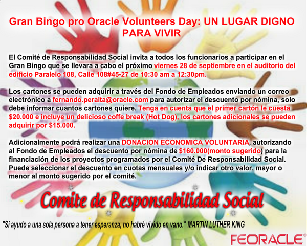 feoracle's tweet photo. RECUERDE SOLICITAR SUS CARTONES DEL GRAN BINGO PRO-ORACLE VOLUNTEER DAY http://t.co/zI9Yn71c