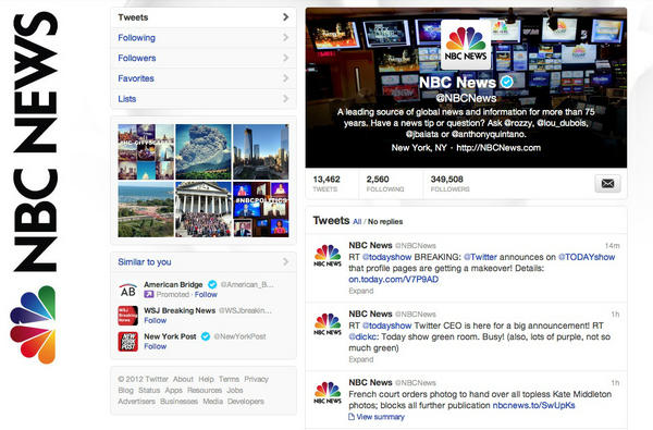 AnthonyQuintano's tweet image. .@NBCNews also launched with @Twitter's new look this morning. #newtwitterdesign
