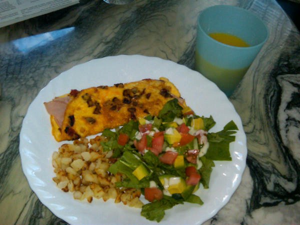 My Yummy Homemade Lunch! #stuffedomelette #hashbrown #colourfulsalad #orangejuice