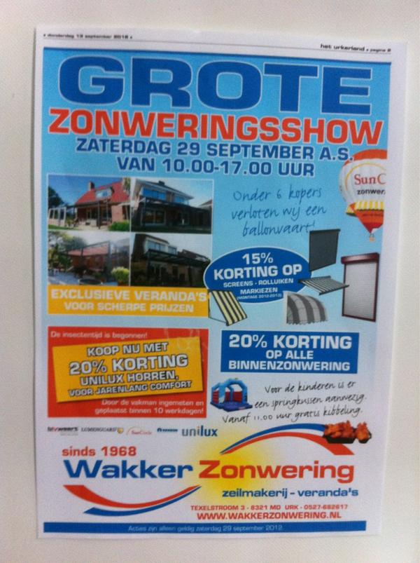 GROTE  ZONWERINGSSHOW  29 september . Van 10.00-17.00 uur, 15% korting op alle #zonweringen ,retweet deze  actie.