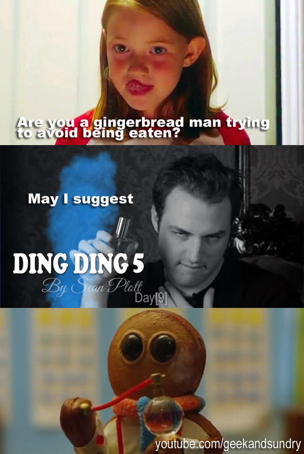 GeekandSundry's tweet photo. What's the best way to disguise your delicious gingerbread scent? Ding Ding 5 by @day9tv #TheFlog #WBAK http://t.co/F7jLWDie