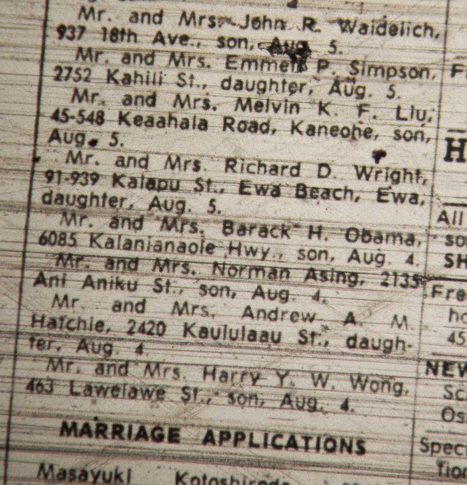 HAPPY BIRTHDAY: Barack Obamas birth announcement in Honolulu Star-Advertiser, Aug. 13, 1961: 