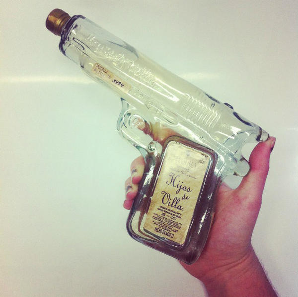 NorthsideCellar's tweet photo. Watch it Gringo, new in store Hijos de Villa tequila guns (pistol [pictured], rifle &amp; revolver) http://t.co/a7tqYMFg