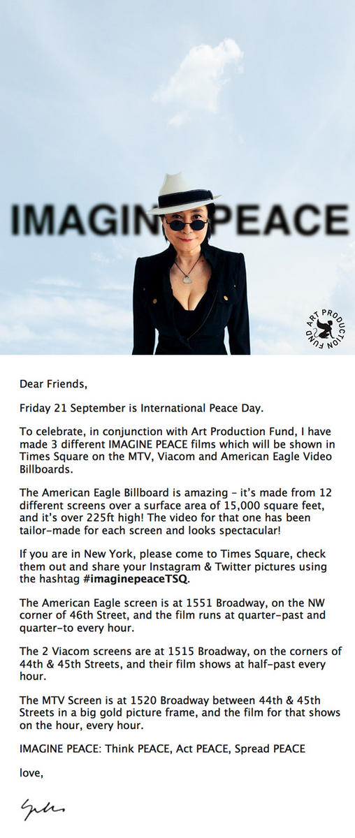 Come and see my new IMAGINE PEACE films showing on Billboards in Times Square tomorrow for PEACE DAY #imaginepeaceTSQ