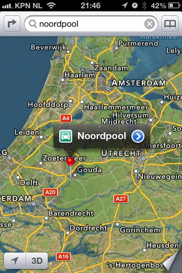 Deel 2 Apple maps zijn leuk. Foutje, de Noordpool en noordelijk halfrond liggen in Gouda! #Apple #maps
