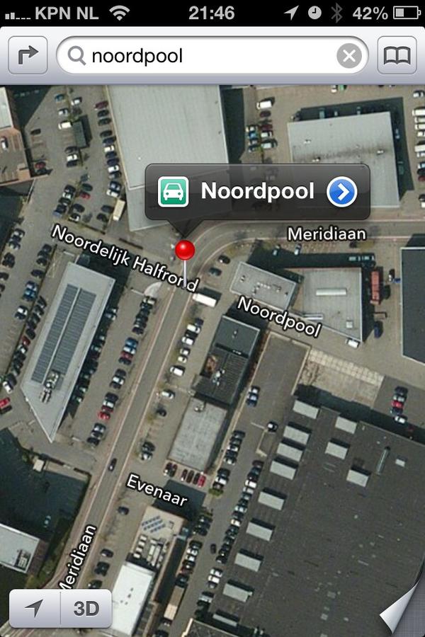Apple maps zijn leuk. Foutje, de Noordpool en noordelijk halfrond liggen in Gouda! #Apple #maps