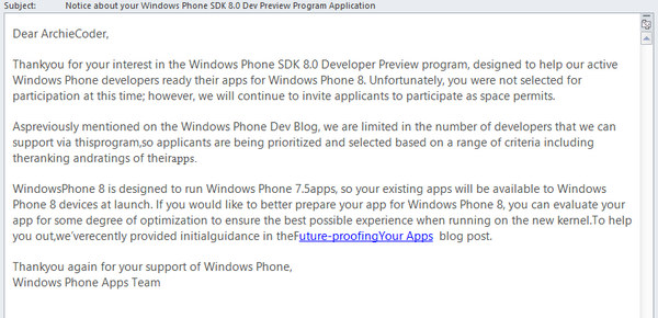 archiecoder's tweet image. I&apos;m willing to give a keyboard with a working space bar to the author of this email to get the WP8 SDK #wp7dev #wp8dev