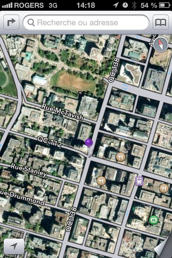 Maxstjb's tweet photo. Alors on se rencontre au coin de la 112 pi de la 138? Coin qu'on appelait Peel/Sherbrooke auparavant. #iOS6... http://t.co/xo9yzyFE