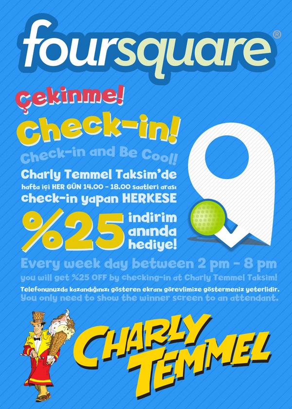 CharlyTemmel's tweet photo. Ve işte yüzyılın kampanyası! Charly Temmel Taksim'de foursquare ile check-in yapan herkese %25 indirim anında hediye! http://t.co/AsReuYAo