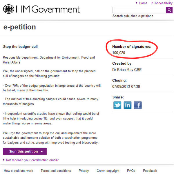 100,000 landmark beaten - DEFRAs most popular petition ever - many thanks. Please keep the badger message alive...