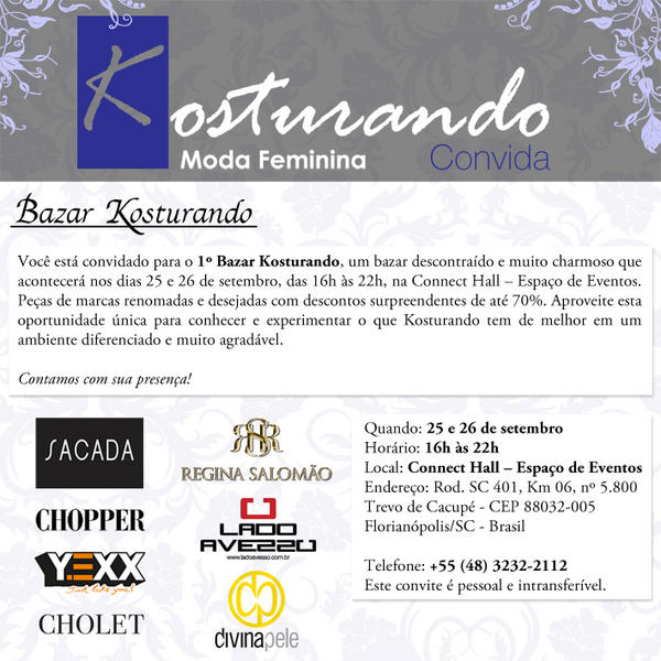 ConnectHall's tweet image. 1º Bazar Kosturando na Connect Hall, dias 25 e 26 de setembro. Marcas renomadas e desejadas com descontos de até 70%!