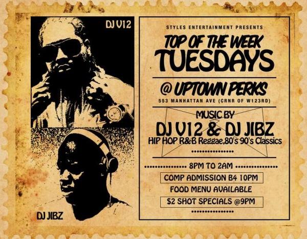 DJV12's tweet photo. Tonight TOP OF THE WEEK TUESDAYS AT @uptownperks $2 drinks $2shot I'm on that set!!! http://t.co/bUWpmayf
