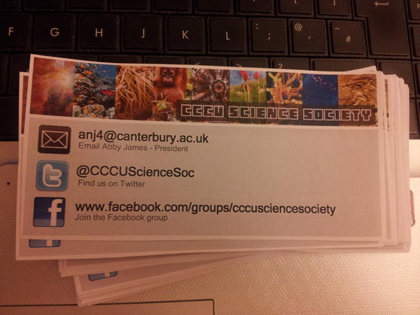 CCCUScienceSoc's tweet photo. Science Society contact cards; excited for the fayre! http://t.co/koGCaQui