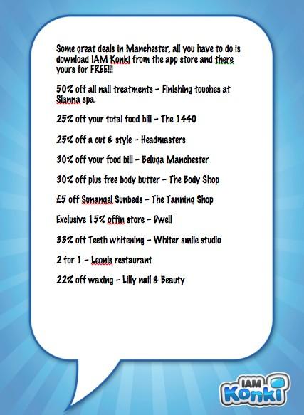 IAMKonki's tweet photo. For all who are in Manchester here are some great deals courtesy if #iamkonki http://t.co/g8mu72uM