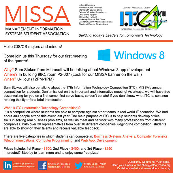 cppmissa's tweet image. Don't forget that MISSA will be hosting Microsoft as our first speaker of the quarter tomorrow during U-Hour!