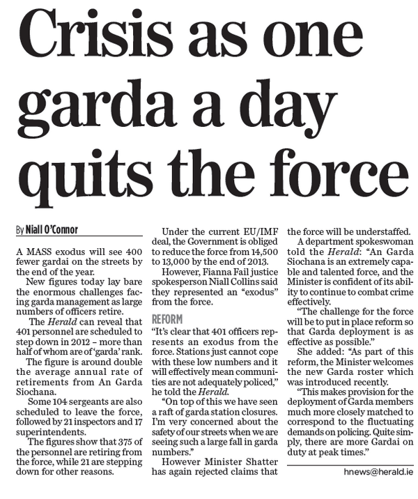 partyfiannafail's tweet photo. fiannafailparty: Garda numbers to fall by more than 400 this year, as revealed by @NiallOCo in today's @HeraldNewsdesk http://t.co/T0vfVuq2