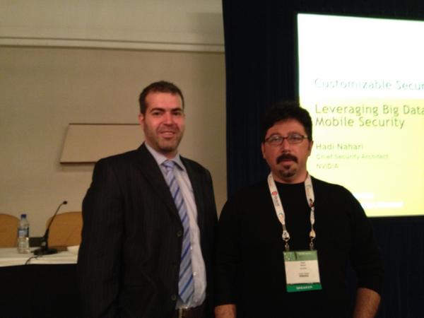 salkaratas's tweet photo. With @hadinahari Chief Security Architect of @nvidia just before his speech on big data and mobility #RSAC http://t.co/HZ2vU6EX