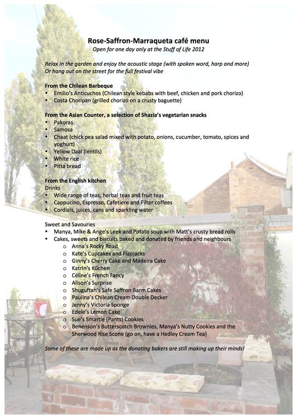 stuffoflifefest's tweet photo. Check out the menu for the Rose Saffron and Marrquetta Cafe. Fancy tea, coffee or smartie (pants) cookies? #stuffoflife http://t.co/jUWrdM1X