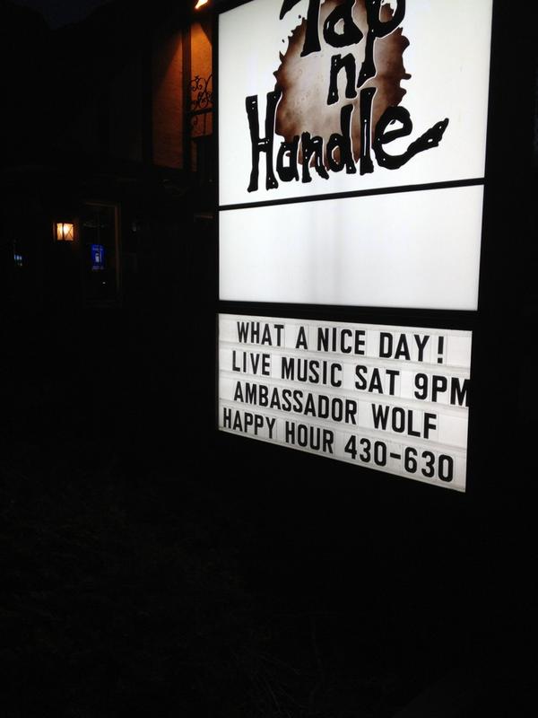 AmbassadorWolf's tweet photo. Ambassador Wolf at Tap N Handle starting tonight at 9pm! Come check us out!!! http://t.co/EWl7jtl2