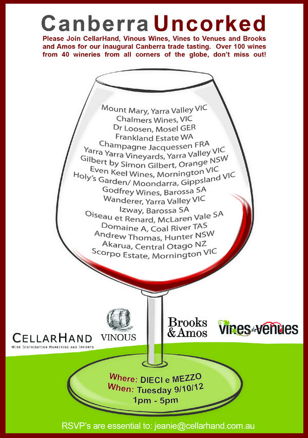 Calling all Canberra wine trade, we are holding a combined trade tasting at Dieci E Mezzo, next Tues 9th Oct, luv2cu