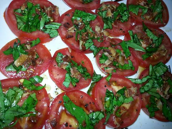 Fav new #BBQ side - Tomatoes, basil, crumbled bacon, s&amp;p, drizzled w/ balsamic, olive oil and hot bacon grease #paleo