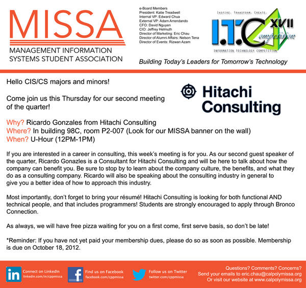 cppmissa's tweet image. If you're interested in a career in consulting, stop by MISSA's meeting tomorrow with @HIT_Consulting